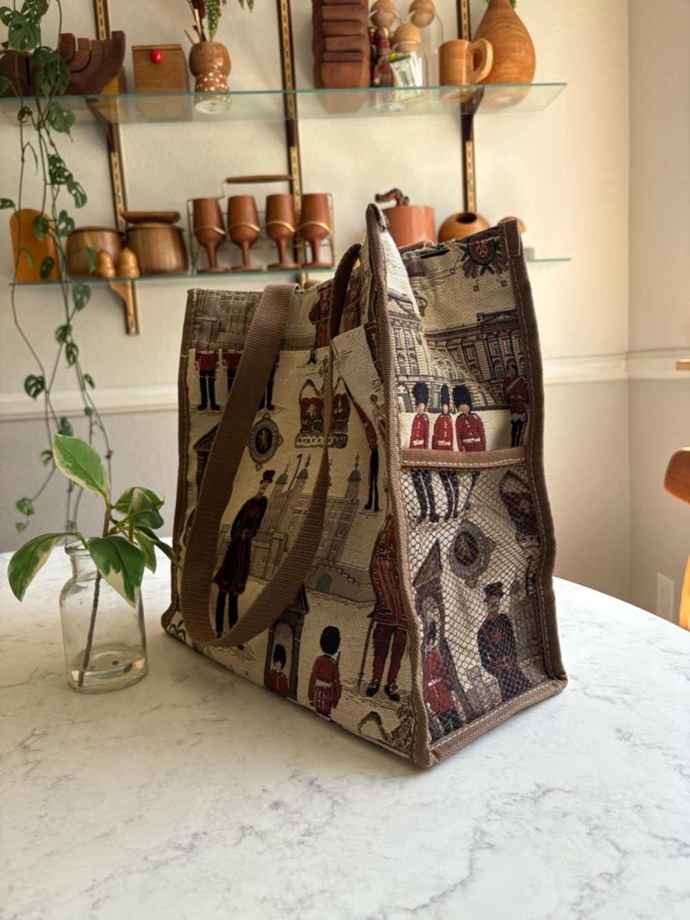 Vintage Tapestry Tote Bag with British Guard Motif - Beige & Brown